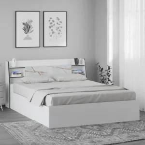 Marbito King Size Bed With Box & Headboard Storage in White Colour